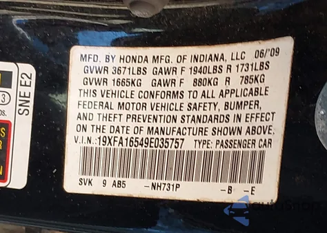2009 Honda Civic Lx z USA, uszkodzony, nr VIN 19XFA16549E035757